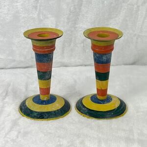 Vintage Büthe Germany Color Stripe Metal Candlestick Set 6" Tall Mid Century